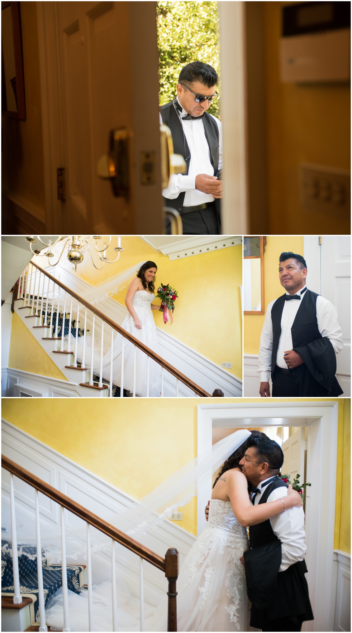 Eastern Shore bride dad seeing her in her wedding dress coming down manor steps Melissa Grimes-Guy Photography