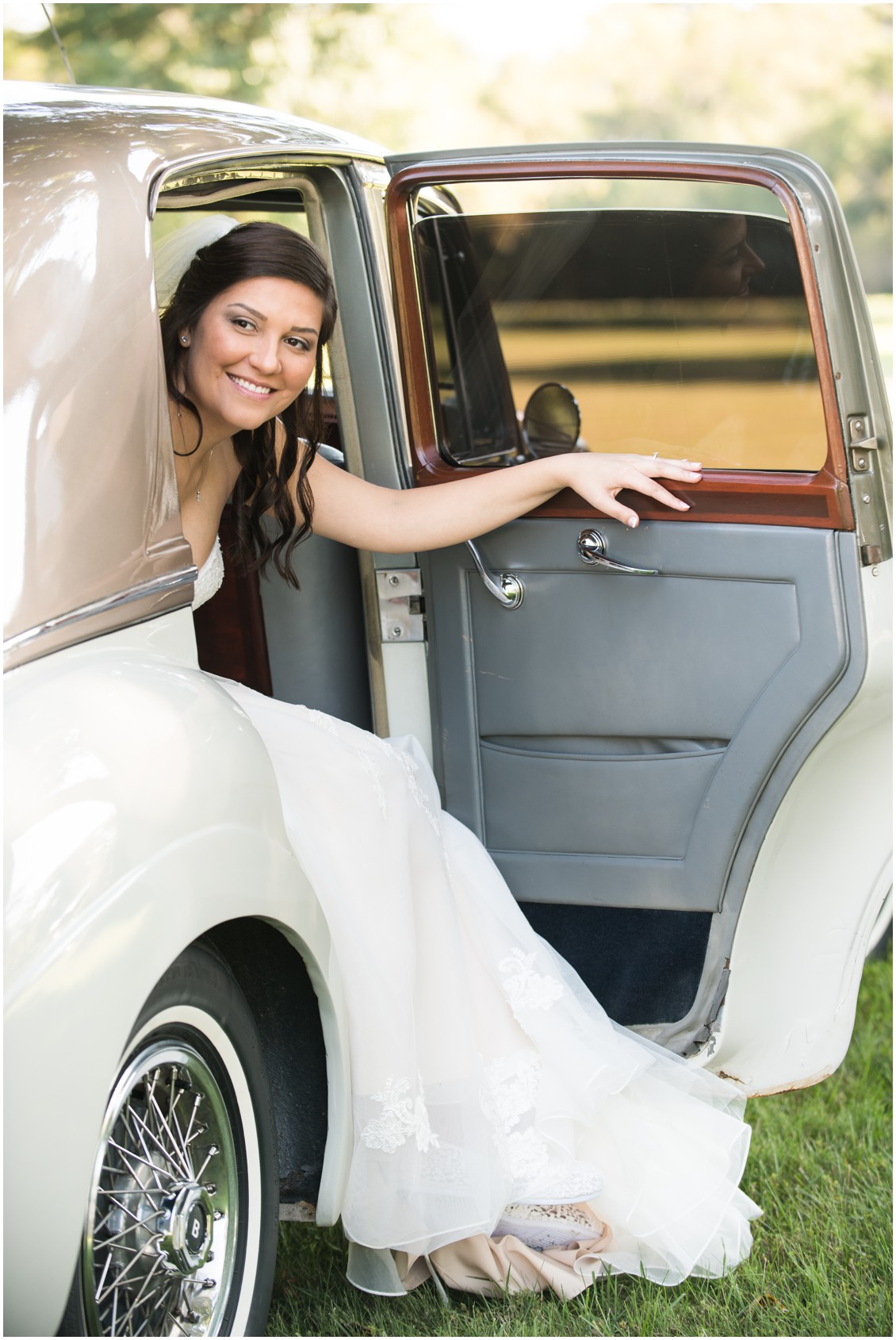 Eastern Shore bride in vintage Rolls Royce going to her wedding Melissa Grimes-Guy Photography