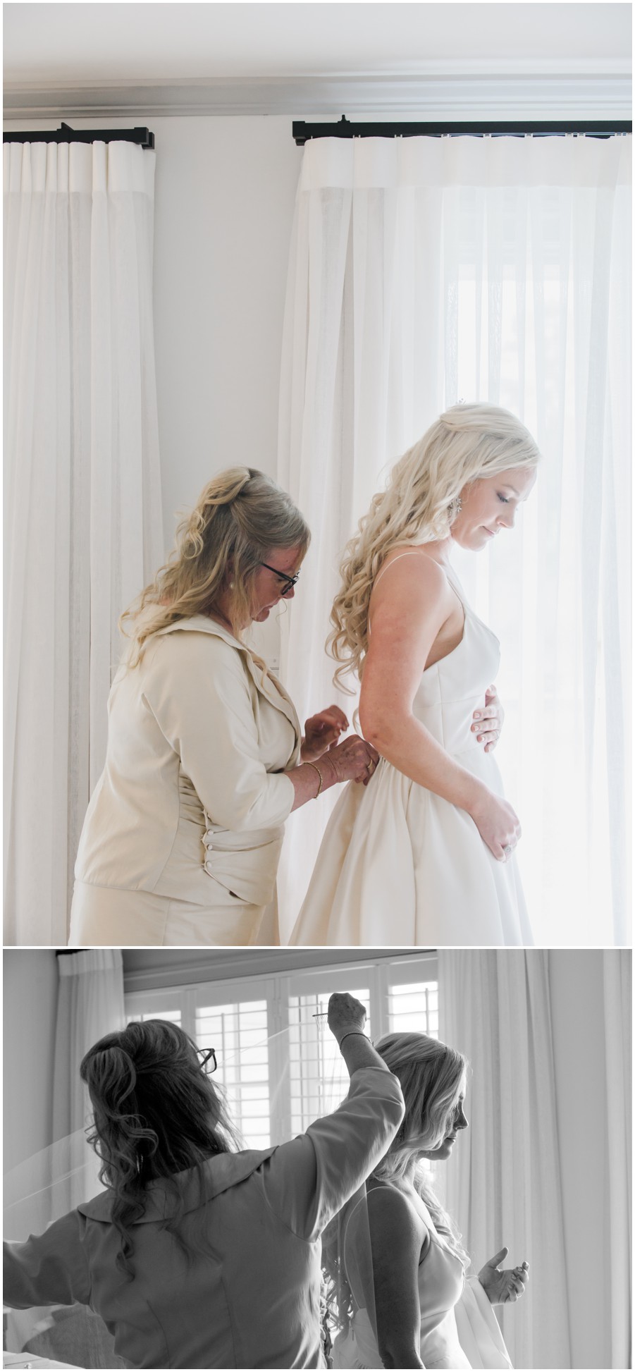 Eastern Shore Wedding- Bride getting her gown zipped by her mother and her mother putting veil on her at the Inn at Perry Cabin, by Melissa Grimes-Guy Photography