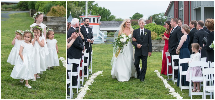 Eastern Shore Wedding ceremony bride and father walking down aisle at the Chesapeake Bay Maritime Museum by Melissa Grimes-Guy