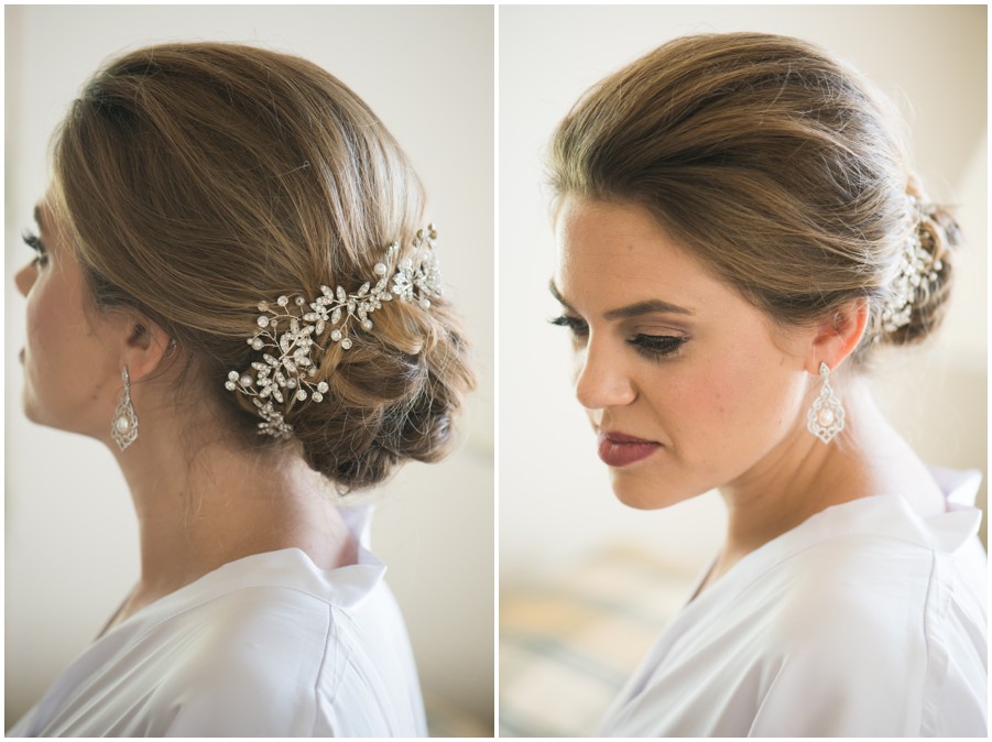 Close-ups of bride hairstyle and hair clip at The Oaks Waterfront Inn in St. Michaels, MD by Melissa Grimes-Guy Photography