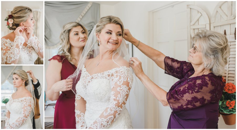Happy bride in her gown and getting her veil put on at The Oaks in St. Michaels, MD by Melissa Grimes-Guy Photography