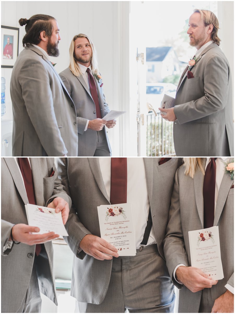 Groomsmen at door to church with wedding programs in St. Michaels, wedding by Mellissa Grimes-Guy Photography